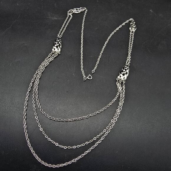 Silver Tone Layered Chain Necklace Woven Weave Stations Long Vintage - Picture 5 of 6